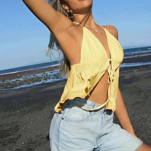 Yellow Boho Women's Summer Solid Color Front Tie Halter Neck Tank Top - Picture 4 of 5